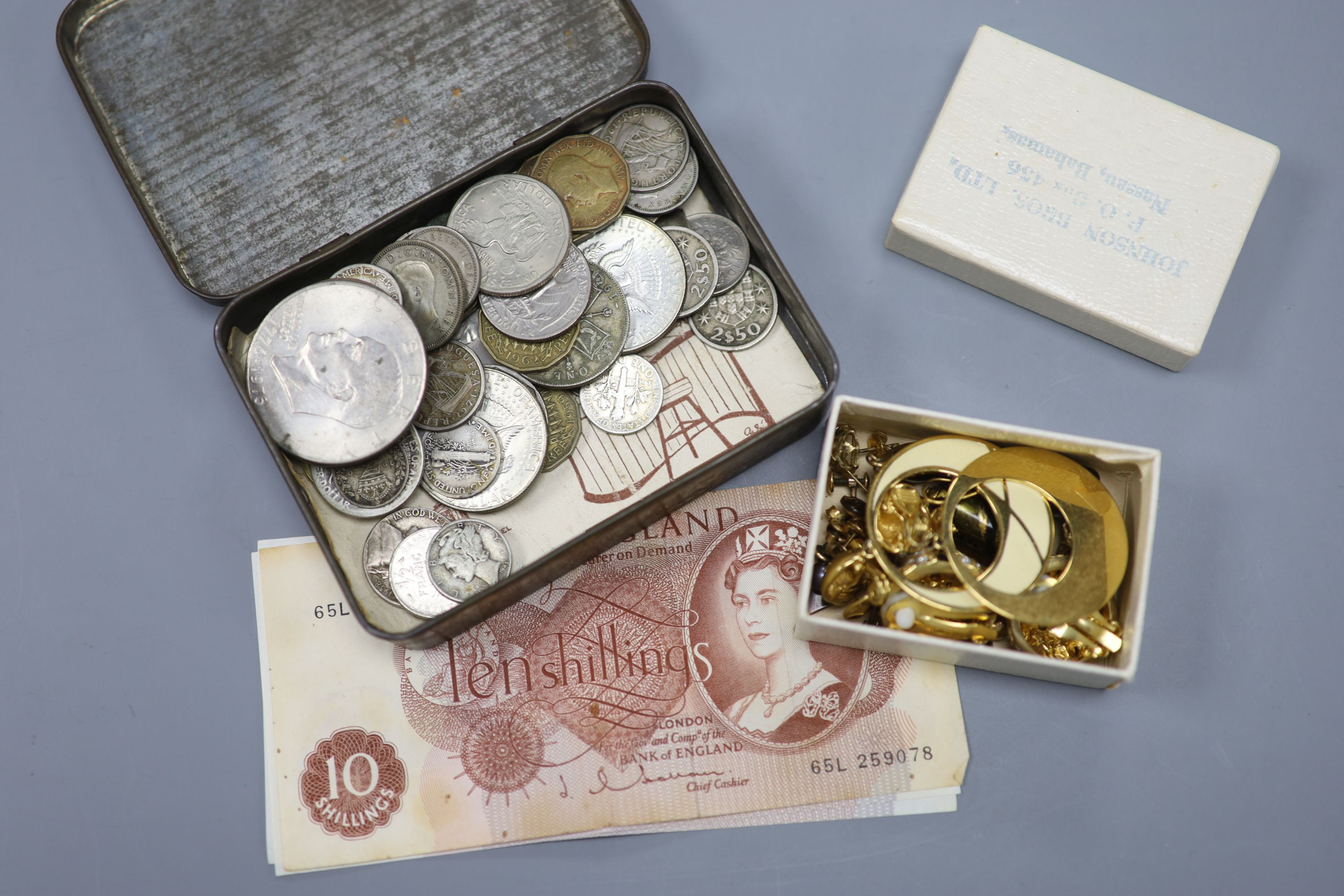 A quantity of silver and costume jewellery, coins and banknotes, including a silver curb-link chain necklace